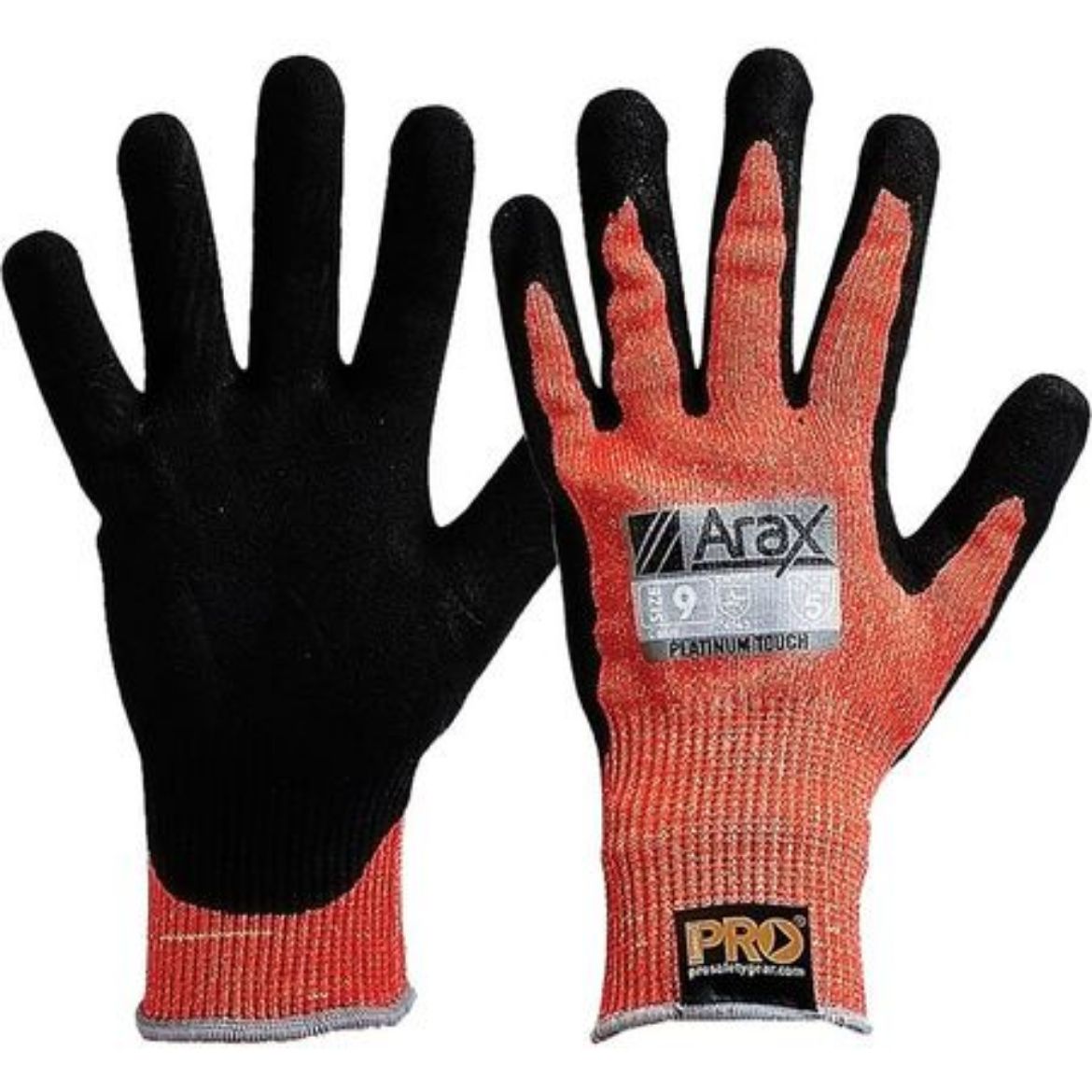 Picture of ARAX PLATINUM - RED ARAX LINER WITH PU/NITRILE FOAM DIP PALM. AVAILABLE IN SIZES 8/9/10/11