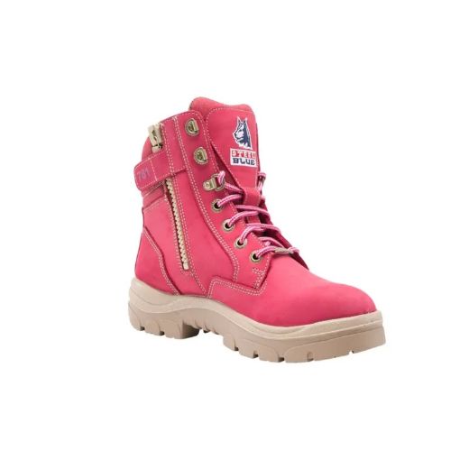 Picture of STEEL BLUE PINK LADIES SOUTHERN CROSS ZIP SIDED LACE UP SAFETY BOOTS (512761).  SIZE 6