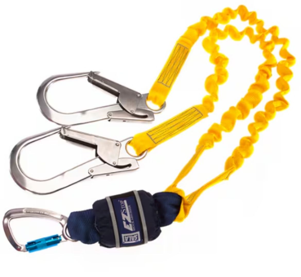 Picture of Z60123634E EZ SHOCK ABSORBING ELASTICATED WEBBING LANYARD DOUBLETAIL 1.2M WITH DOUBLE ACTION SNAP HOOK AND SCAFFOLD HOOK